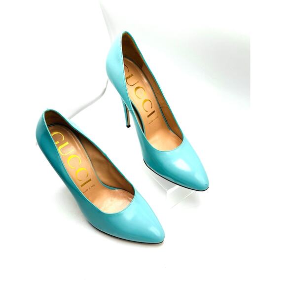 GUCCI GLOSSED-LEATHER PUMPS 110MM ELAISA LEATHER PUMPS IN Mint Green 39.5 - Picture 6 of 16